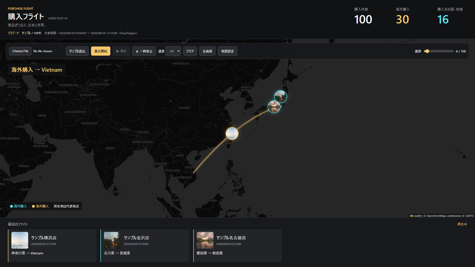 日本からベトナムへ商品画像が飛び、ゴールドの航路を表示したPurchase Flight Mapの画面