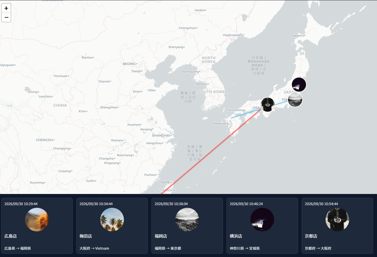 商品画像が移動する地図と、店舗・購入先の一覧を表示したPurchase Flight Mapの画面
